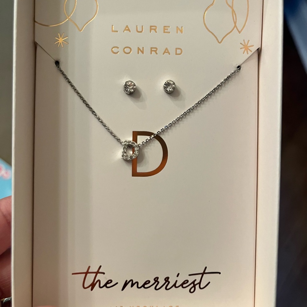 Lauren Conrad Monogram D necklace with dainty stud earrings.